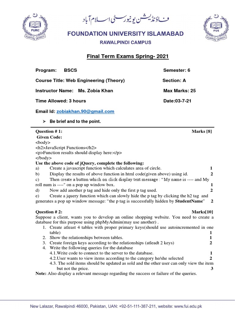 Web Engineering Exam Spring 2021 | PDF | Java Script | J Query