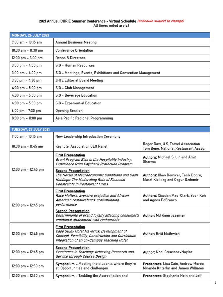 2021 ICHRIE Conference Program 05282021doc PDF Human Nature