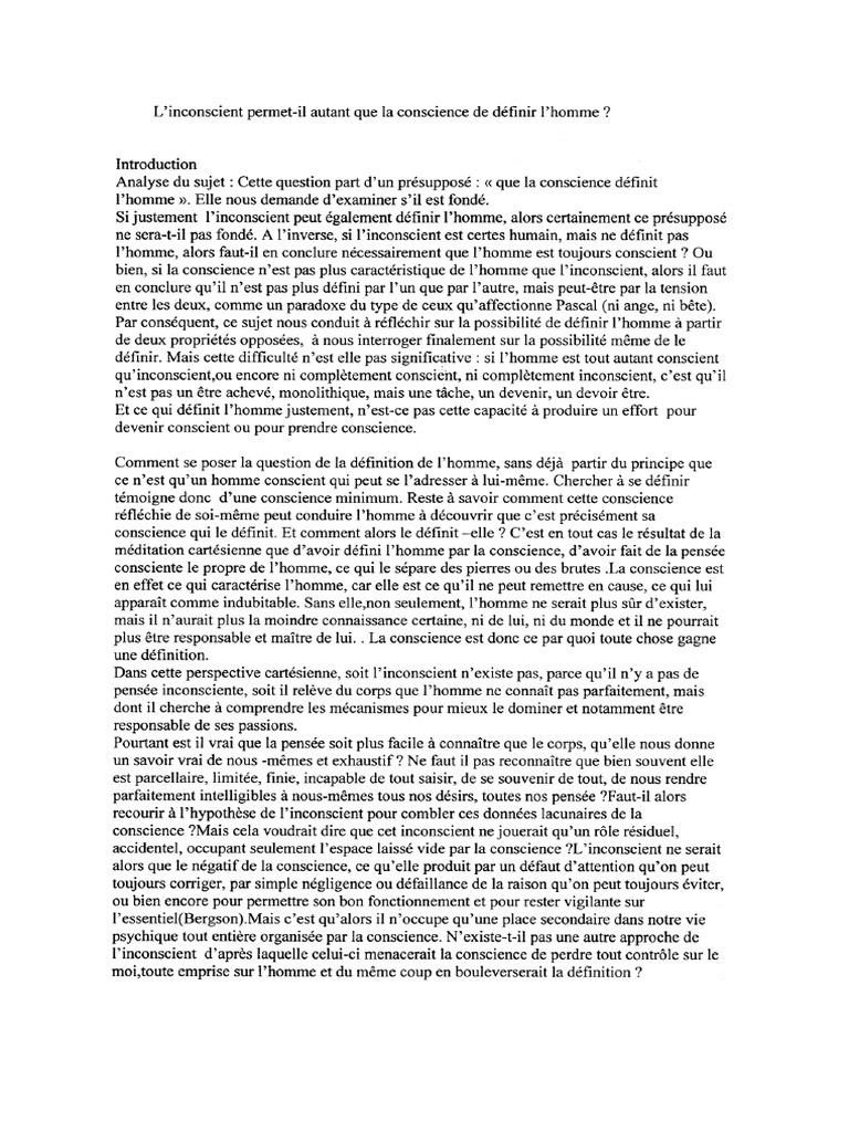 Sujet Corrigé Sur La Conscience Et Linconscient Pdf L Inconscient Permet Il Autant Que La Conscience de Definir L Homme | PDF