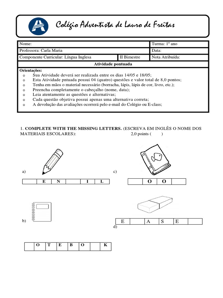 Atividades de Inglês para 1º Ano | PDF