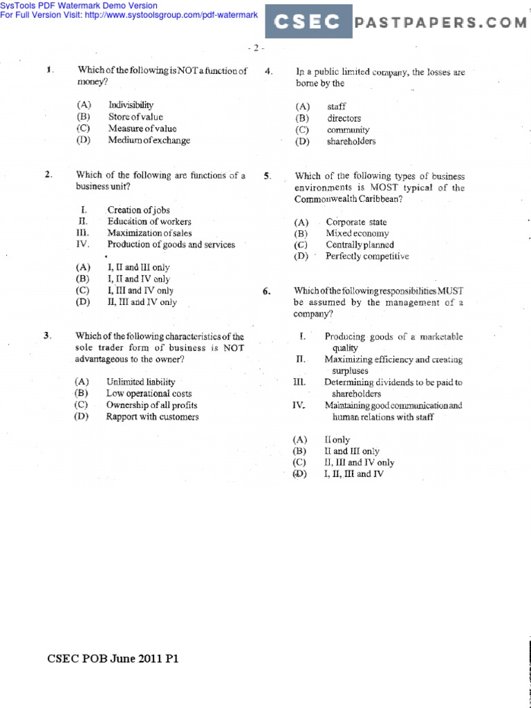Principle of Business Past Paper PDF Tariff Perfect Competition