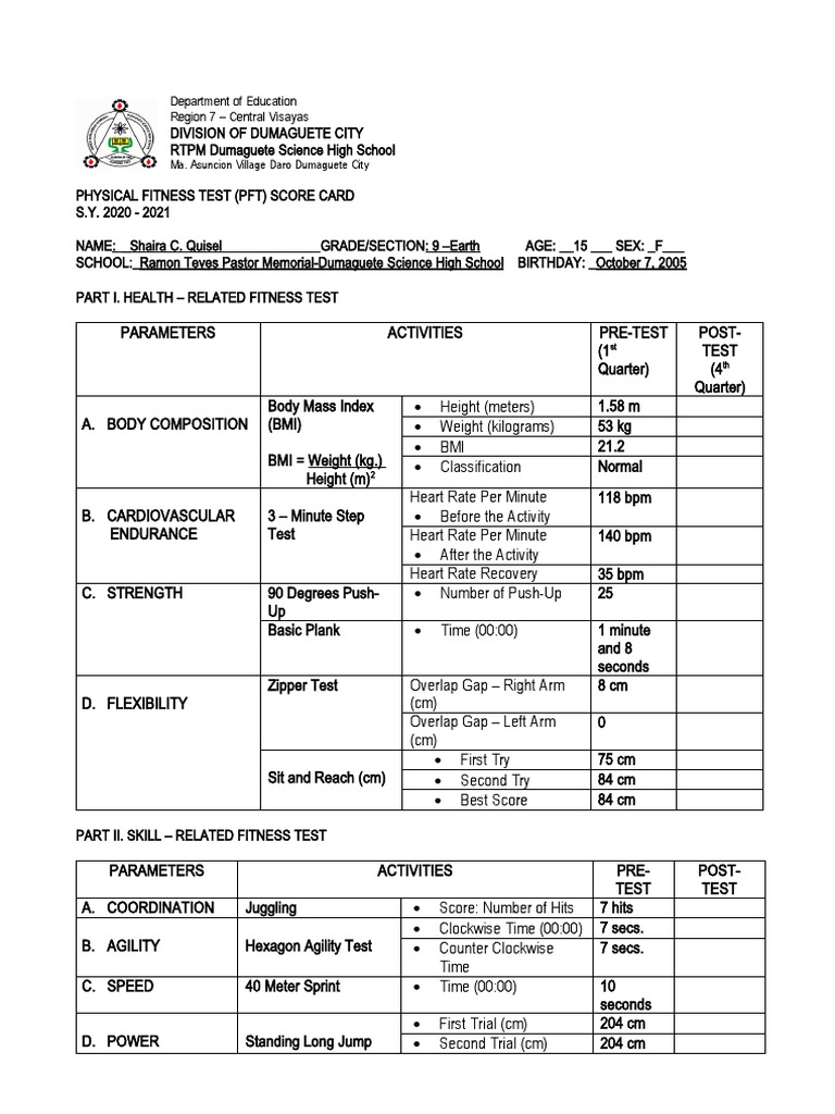 Share PhysicalFitnessTestScoreCard PDF Body Mass Index Heart Rate