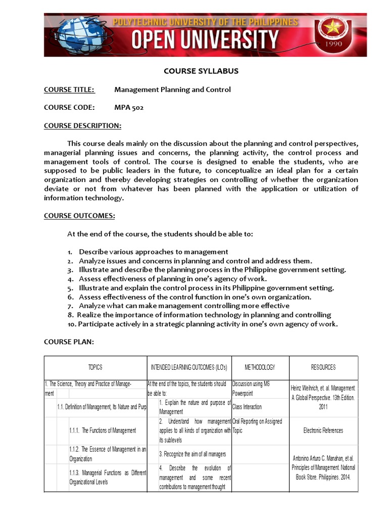 Management Planning and Control Syllabus | PDF | Science | Strategic ...