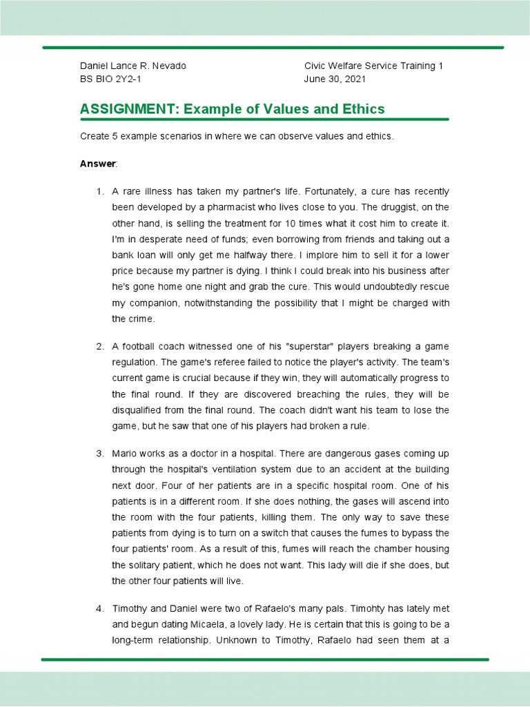 Assignment - Examples of Values and Ethics | PDF | Business