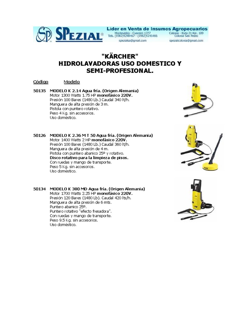 Modelos y Fichas Técnicas de Karcher | PDF | Agua | Cantidades fisicas