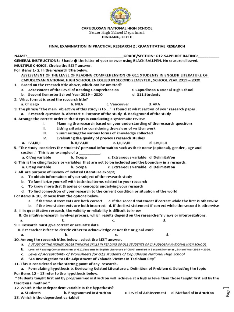 Final Examination in Practical Research 2 | PDF | Methodology | Psychology