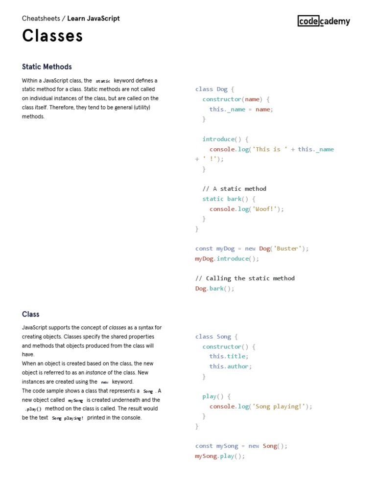 Learn JavaScript - Classes Cheatsheet - Codecademy | PDF | Constructor ...