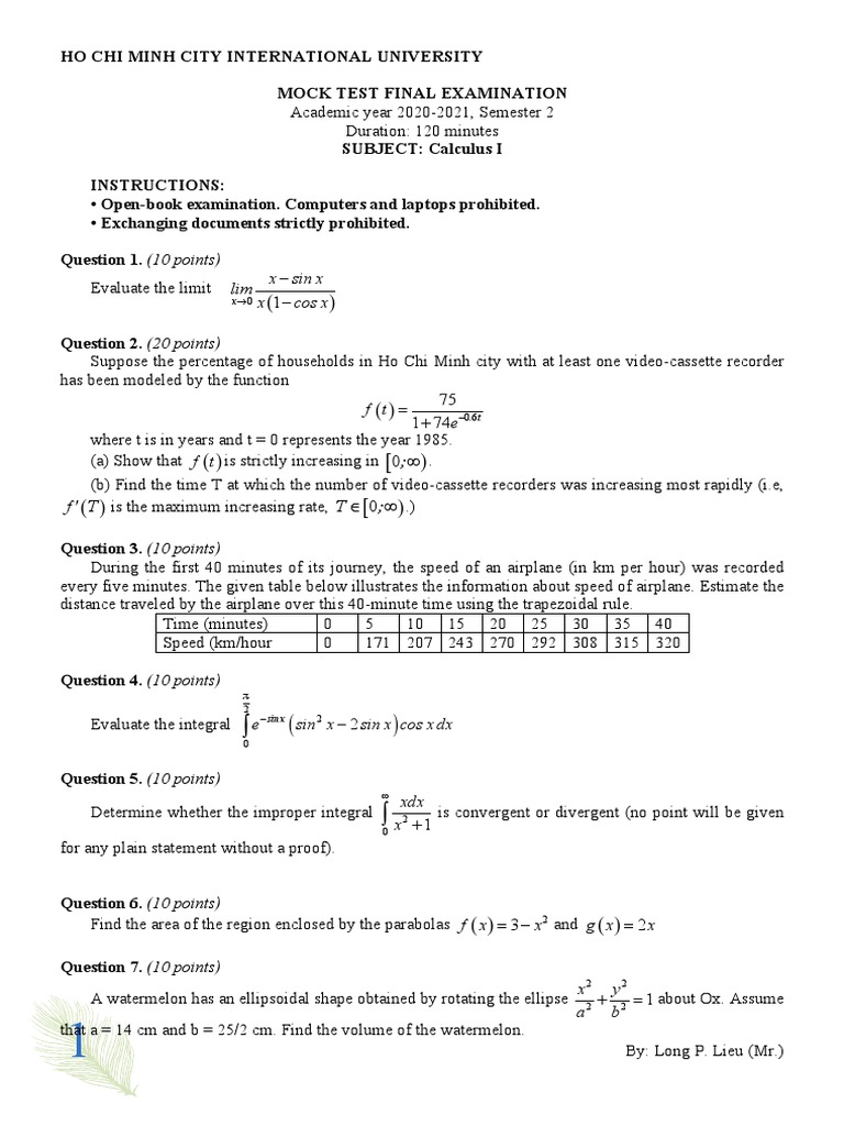 Mocktest For Final Exam Cal1 | PDF | Mathematical Analysis | Analysis