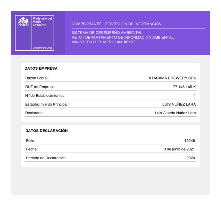 Comprobante de Recepción RETC 2020 | PDF