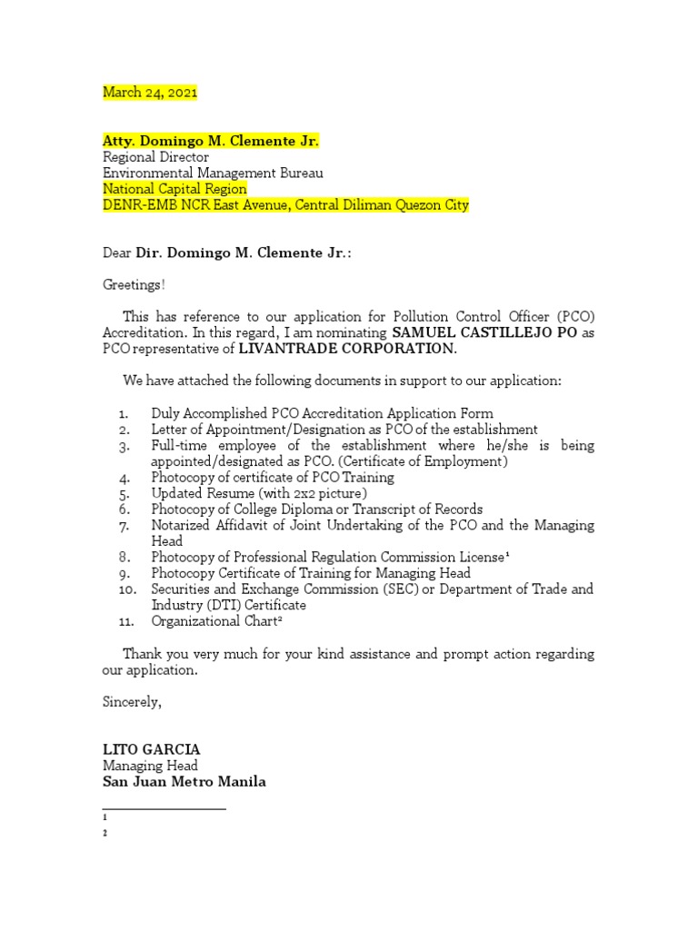 designation letter for pollution control officer