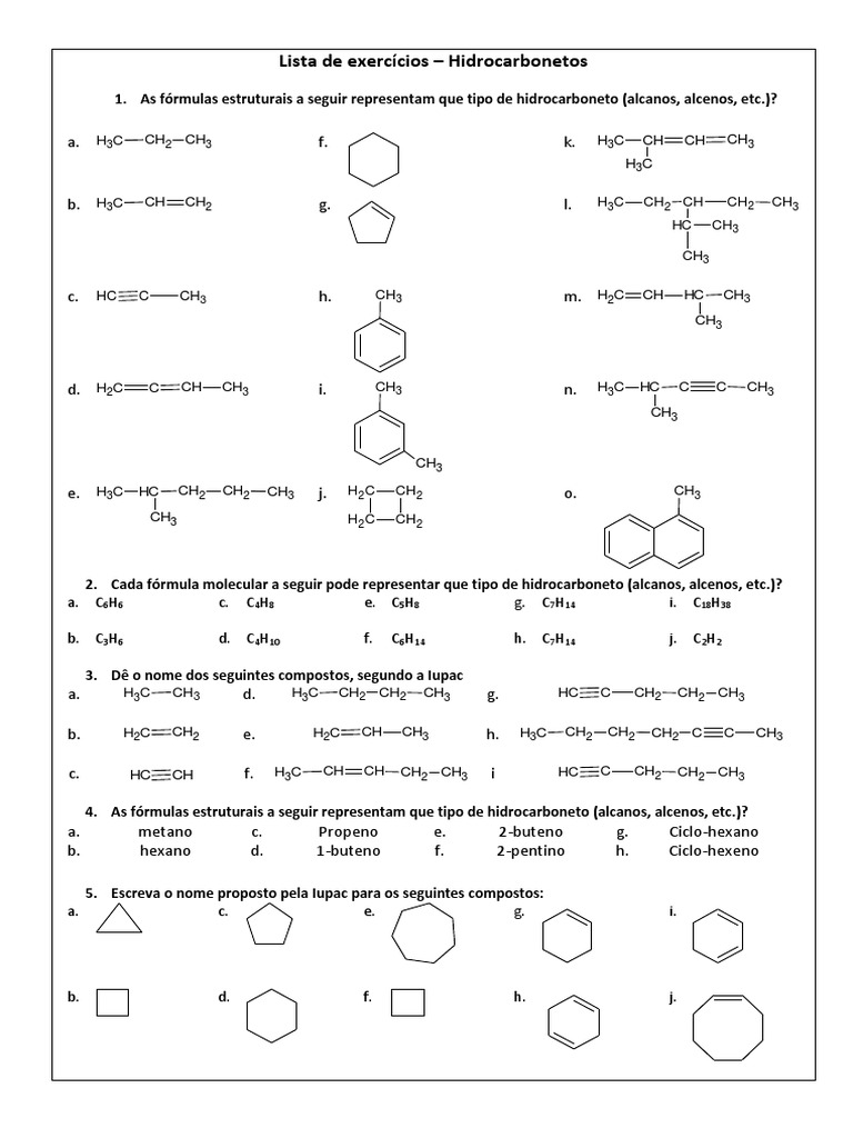 Exercícios sobre Hidrocarbonetos | PDF | Alcano | Compostos de carbono