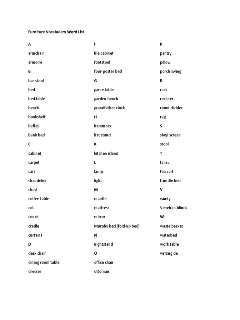 Furniture Vocabulary Word List PDF
