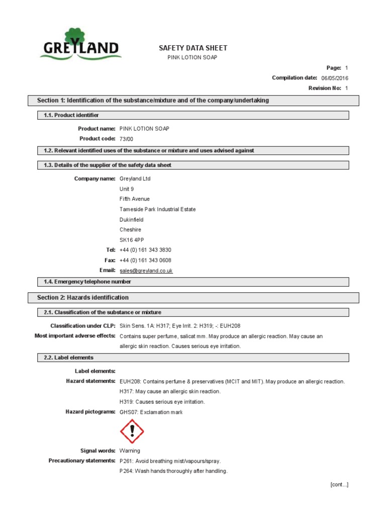 Pink Lotion Soap COSHH Sheet 2016 PDF Firefighting Workplace