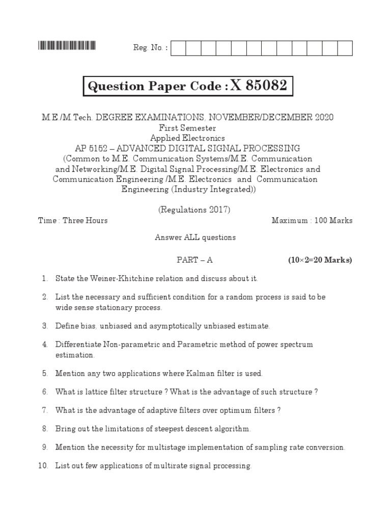 Analysis of an Exam Question Paper on Advanced Digital Signal
