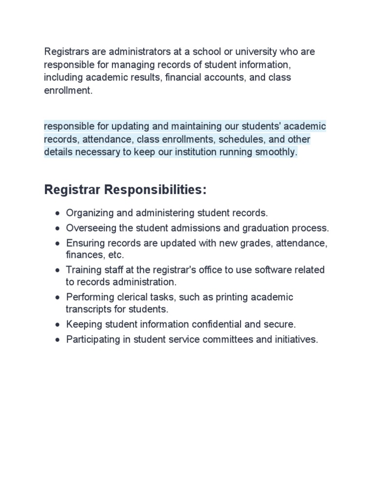 Registrar Job Description PDF