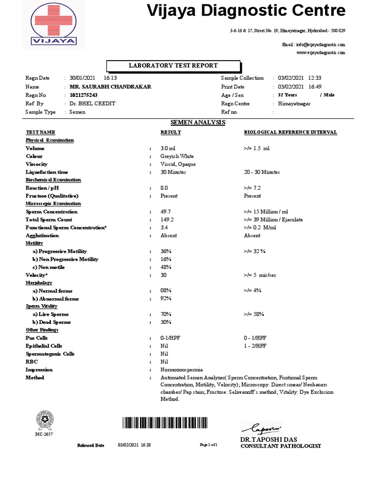 Laboratory Test Report: Male 32 Years | PDF | Anatomy | Semen
