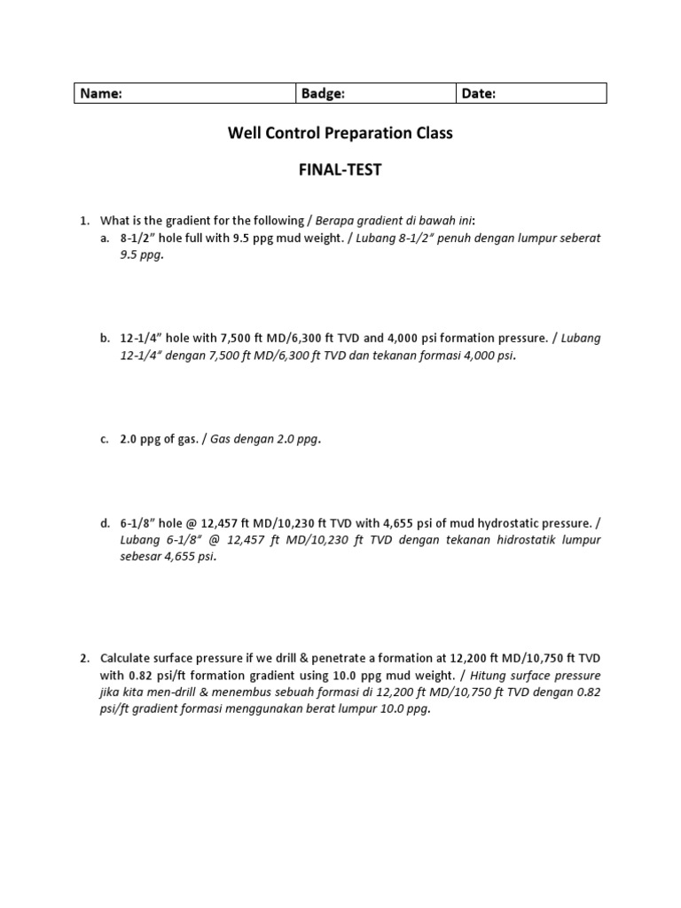 Well Control Final Test Questions | PDF | Casing (Borehole) | Pressure