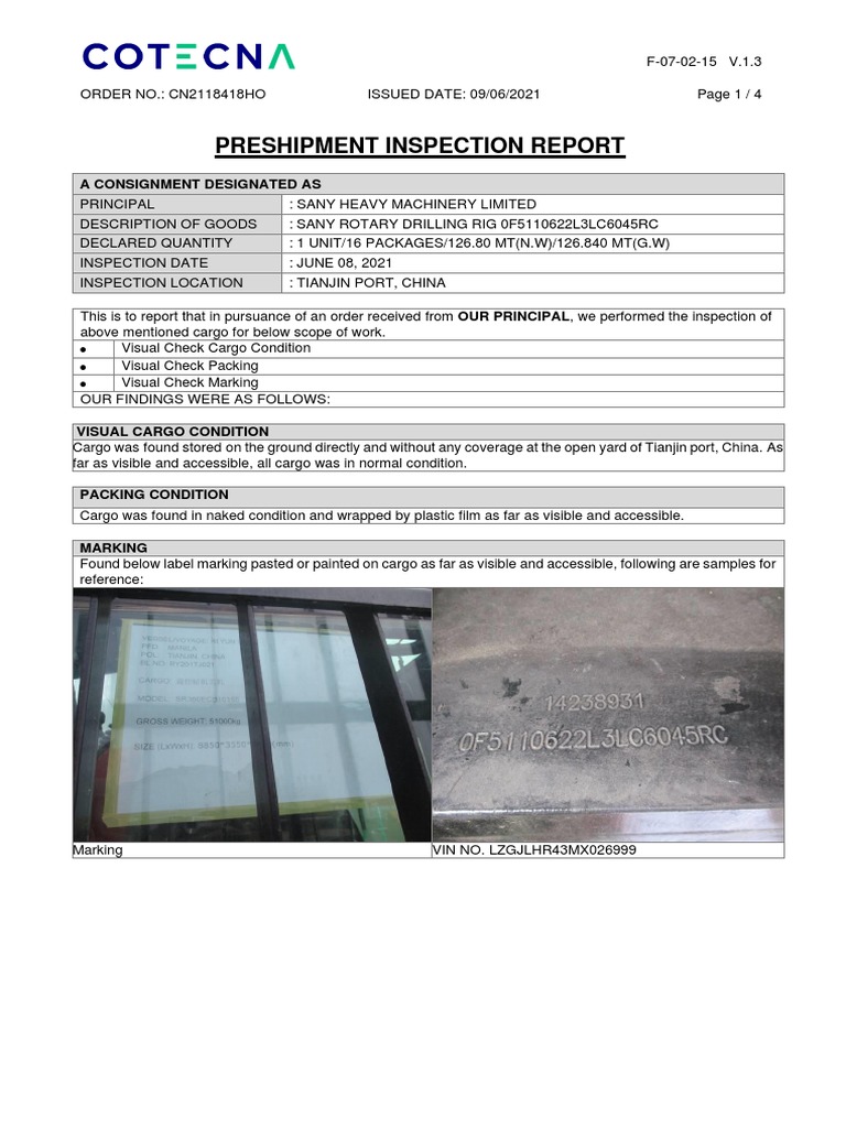 SANY Rotary Drilling Rig Inspection Report | PDF | Business | Shipping ...