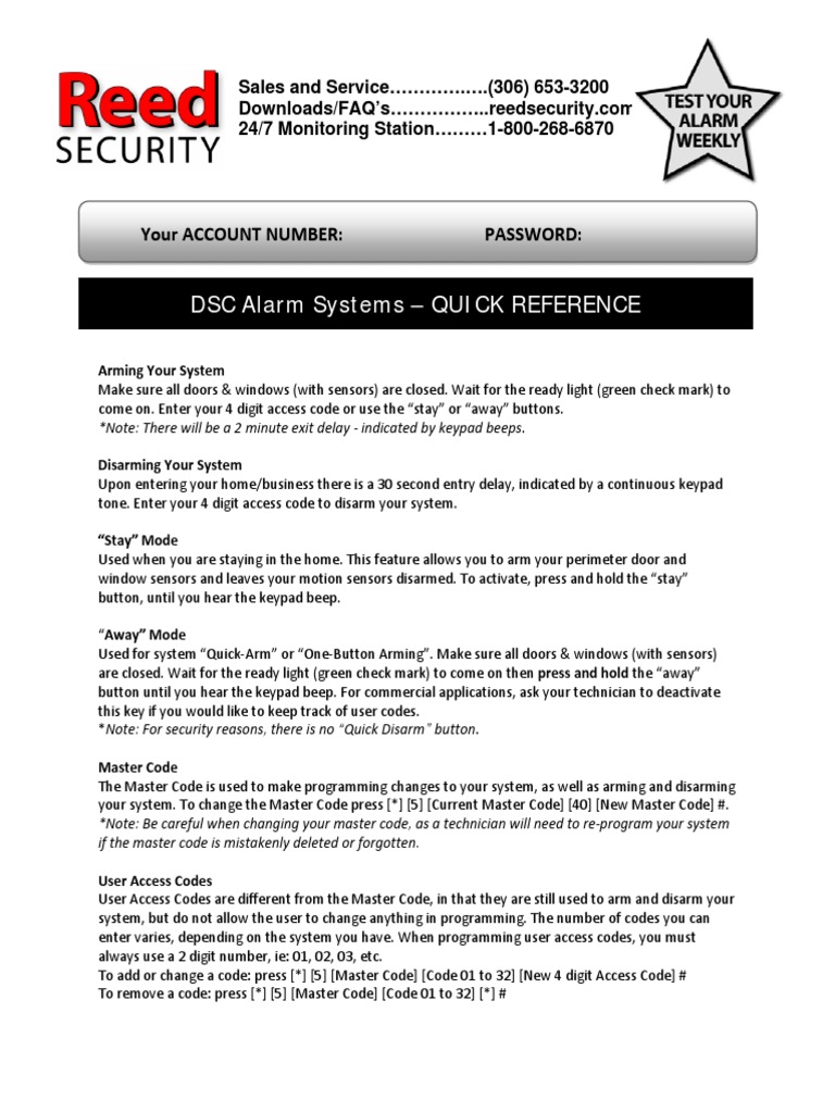 DSC Alarm Systems Quick Reference Your Account Number Password