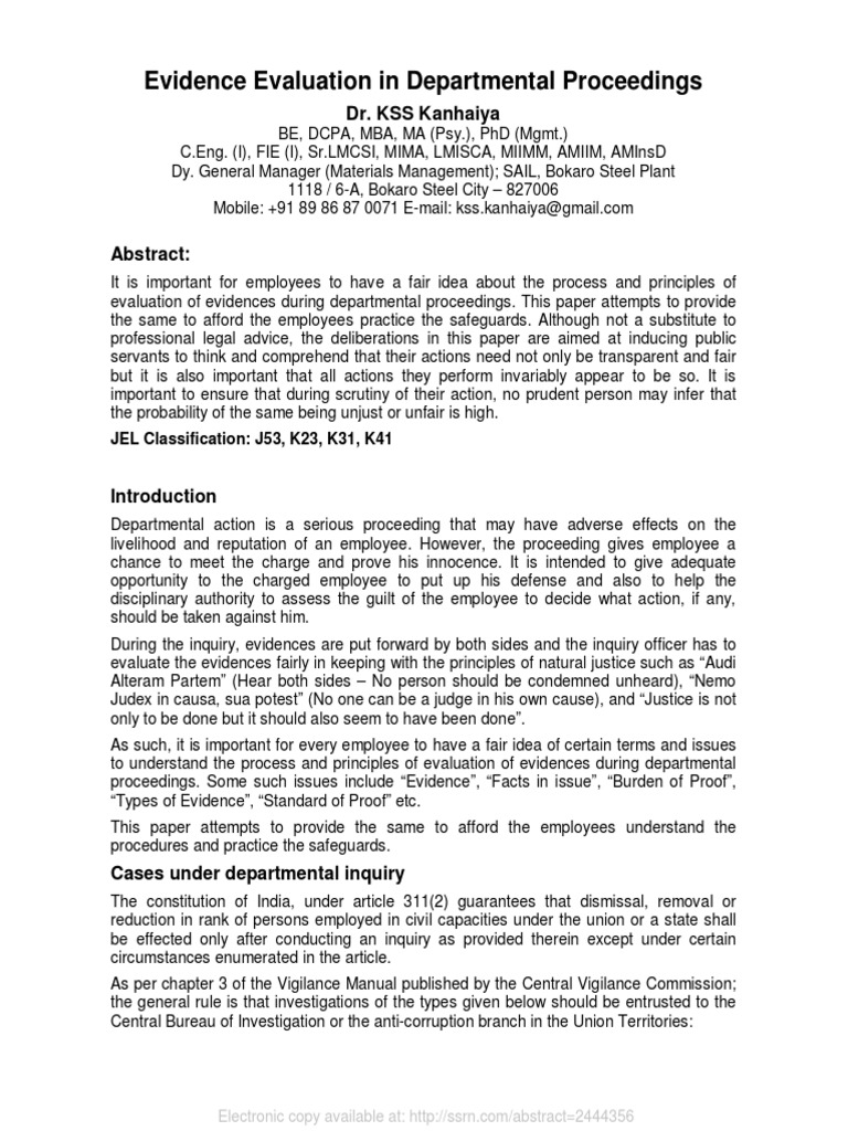 Evidence Evaluation in Departmental Proceedings | PDF | Burden Of Proof ...