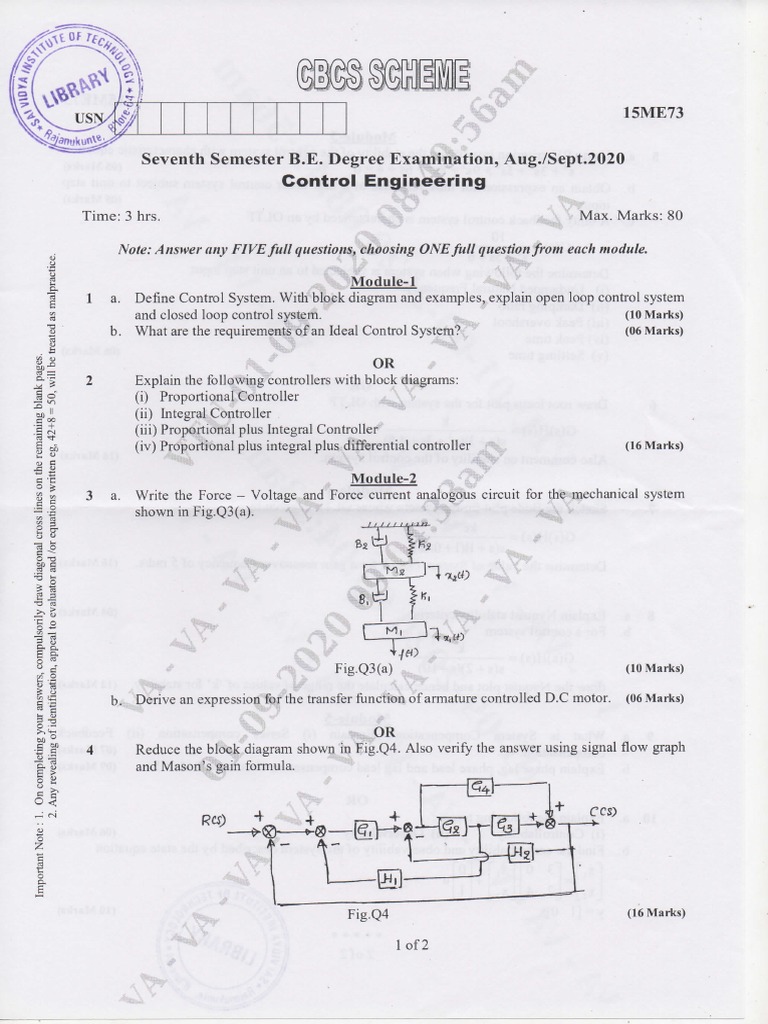 Control Engineering 15ME73 Aug-Sep-2020 | PDF