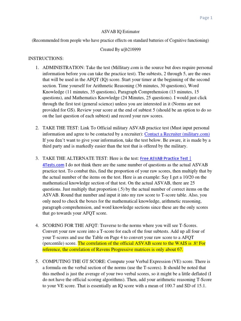 ASVAB IQ Estimator Document PDF Armed Services Vocational Aptitude