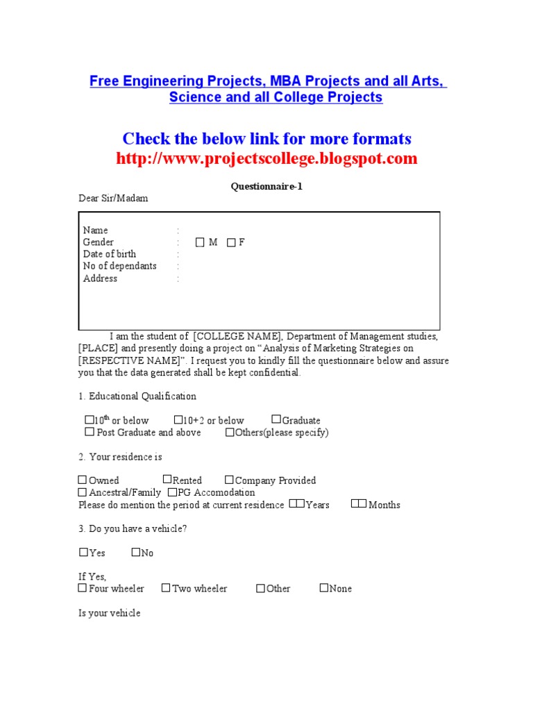 Free College Project Questionnaire Templates | PDF