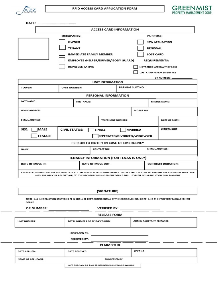 Owner: Rfid Access Card Application Form | PDF | Leasehold Estate ...