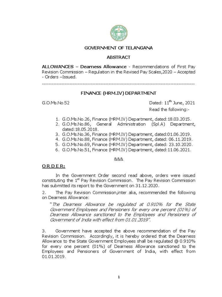 Telangana Dearness Allowance Order | PDF | Government