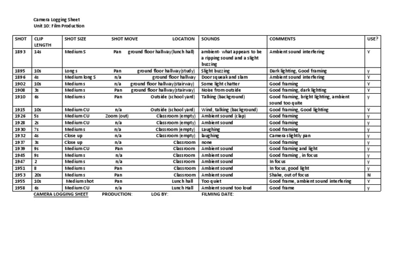Camera Logging Sheet Template | PDF | Optical Devices | Equipment