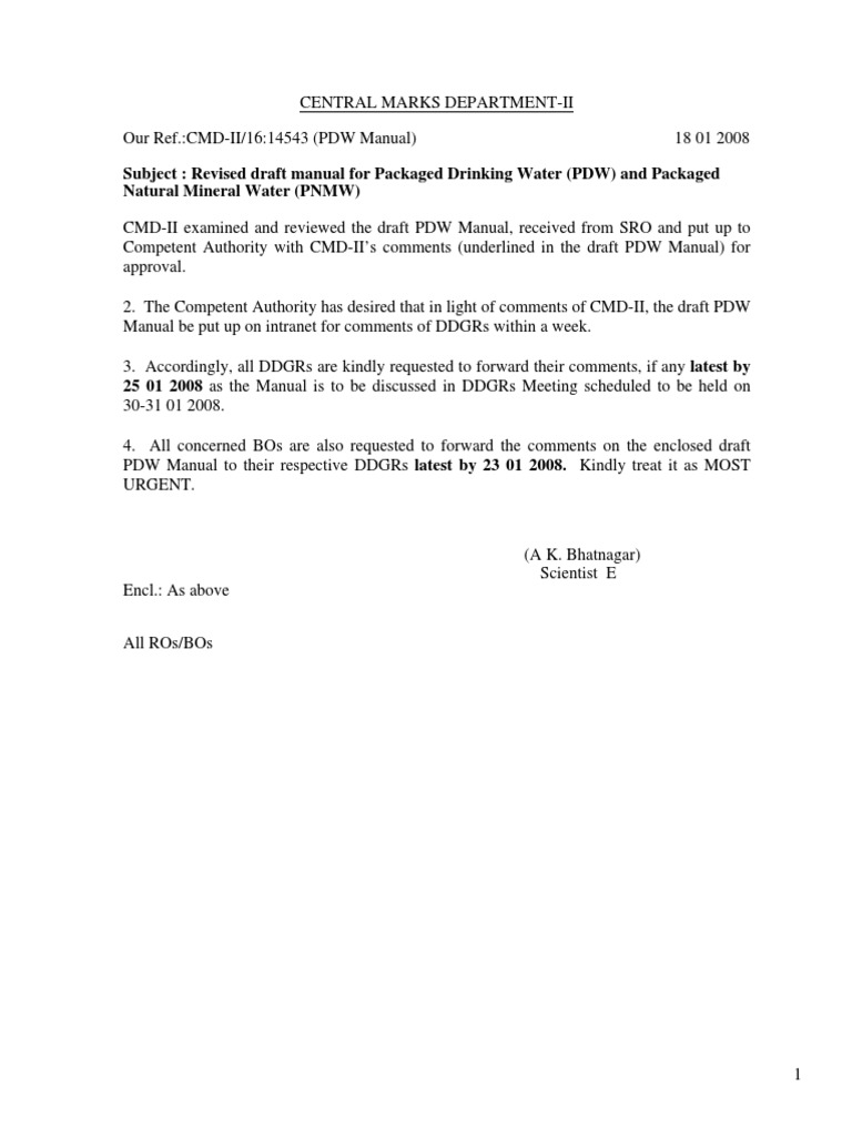 Subject: Revised Draft Manual For Packaged Drinking Water (PDW) and ...