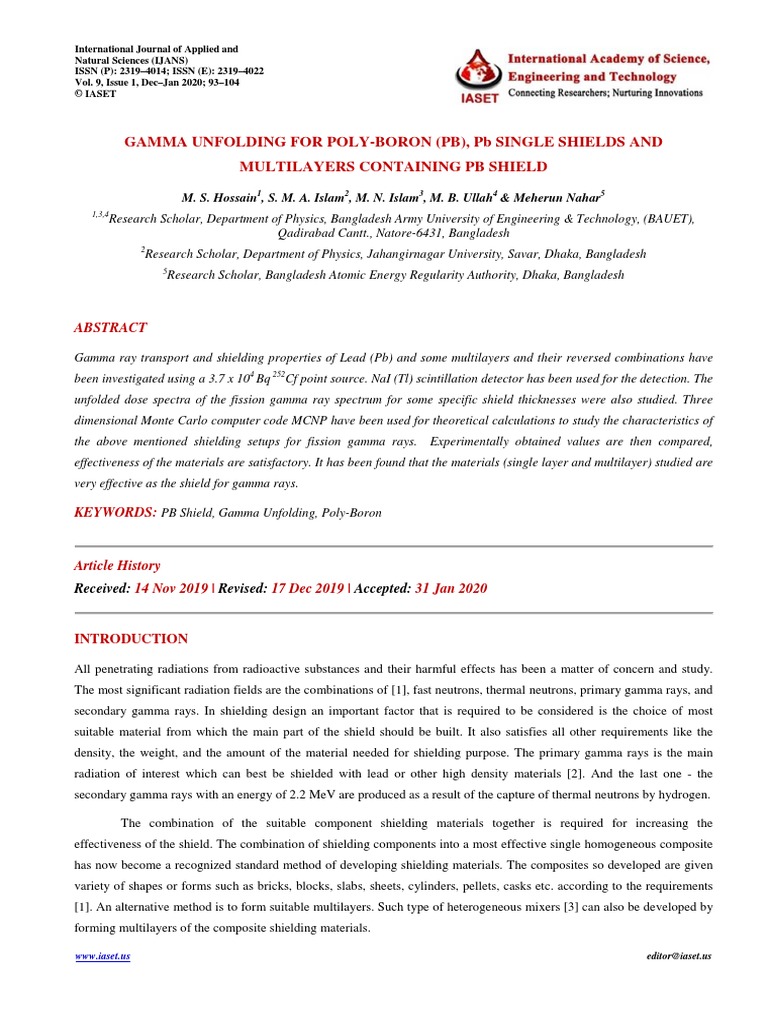 Gamma Unfolding For PolyBoron (PB), PB Single Shields and Multilayers