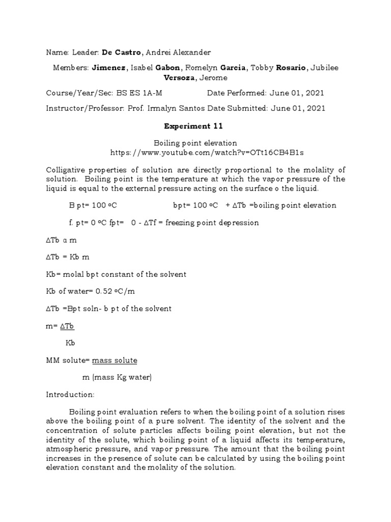 Boiling Point Elevation Experiment | PDF | Solution | Physical Chemistry