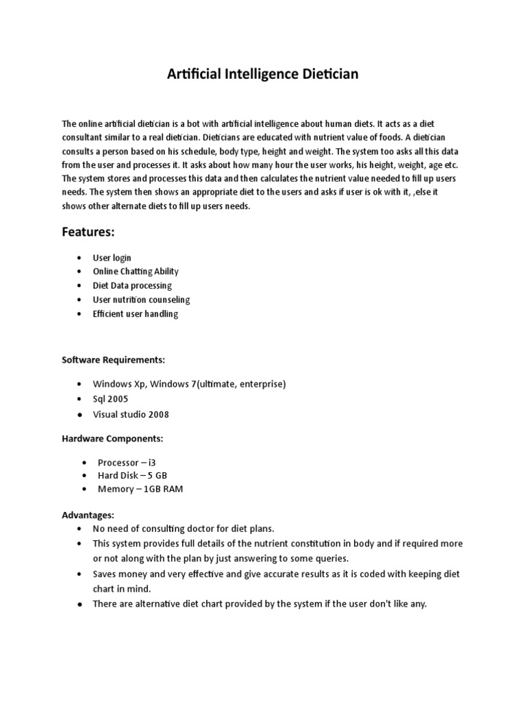 Artificial Intelligence Dietician Features PDF Dietitian Diet