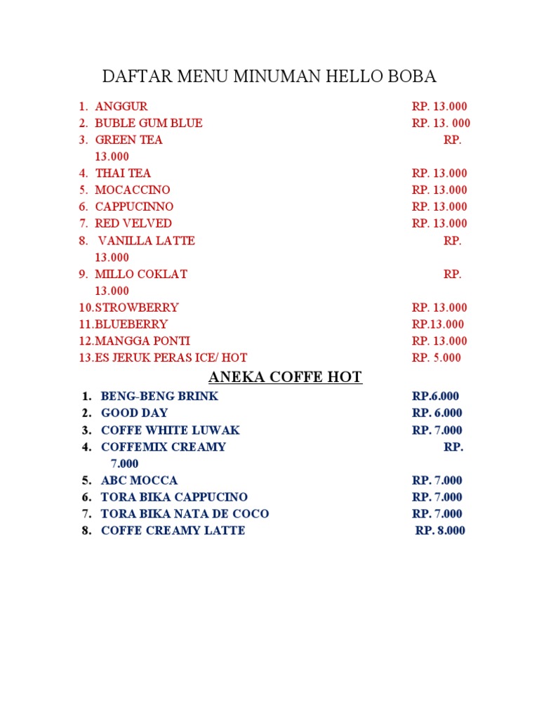 Daftar Menu Minuman Hello Boba | PDF