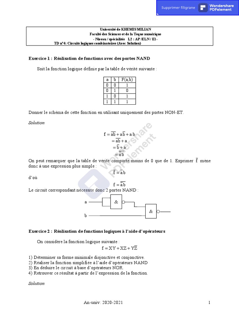 Circuits Logiques Combinatoires avec NAND | PDF | Fonction logique ...