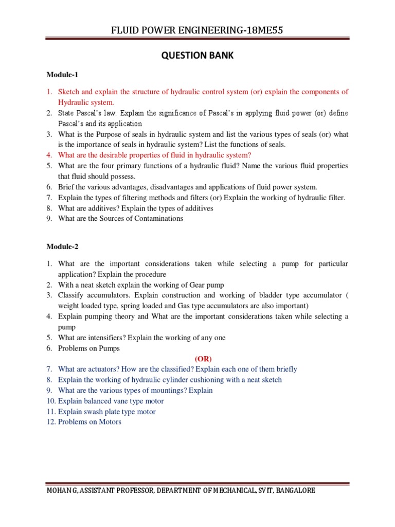 Fluid Power Engineering Question Bank | PDF | Valve | Hydraulics