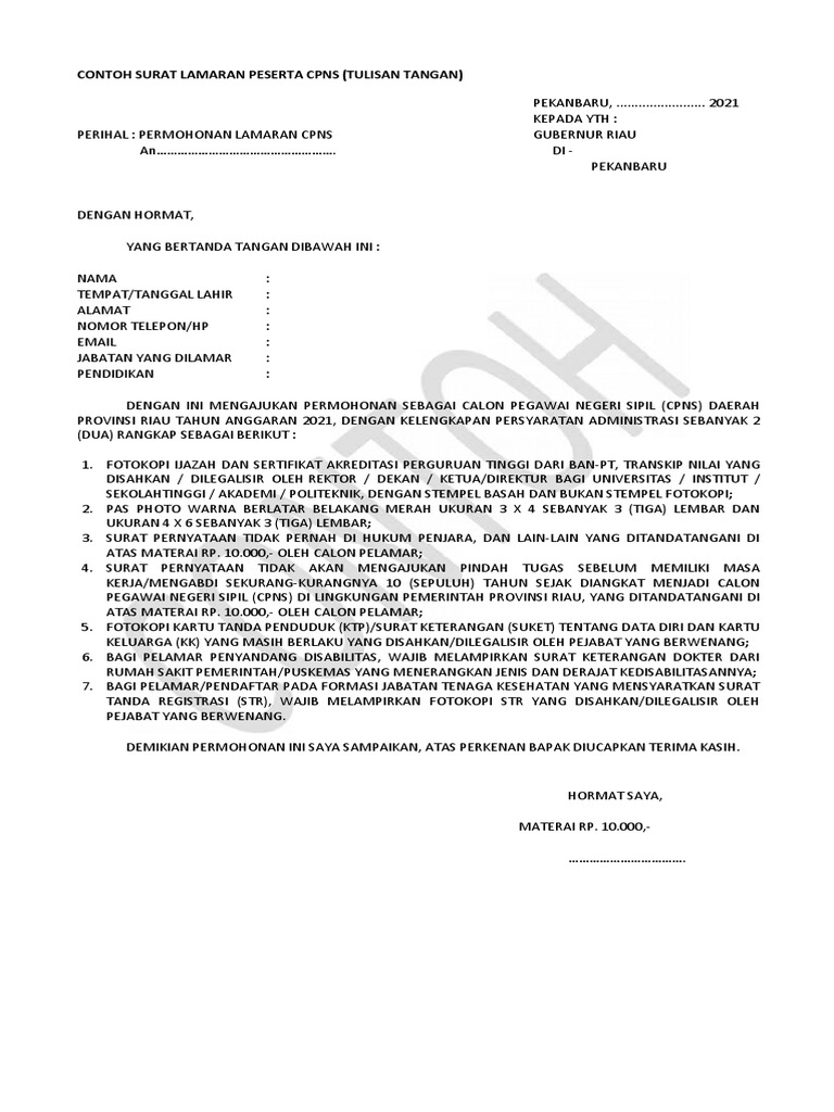 Format Surat Lamaran Cpns 2021 Pdf