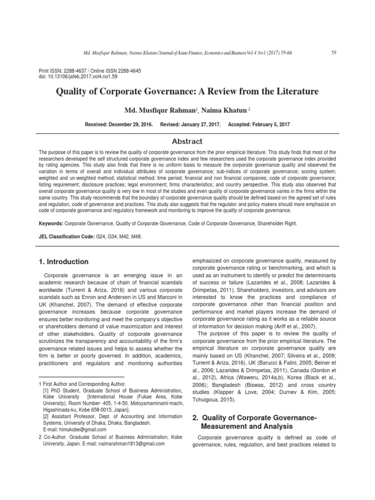 Quality of Corporate Governance A Review From The Literature | PDF ...