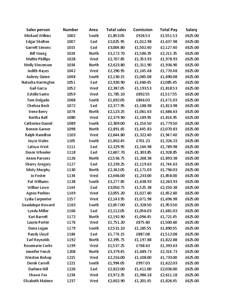 Sales Person Number Area Total Sales Comission Total Pay Salary PDF