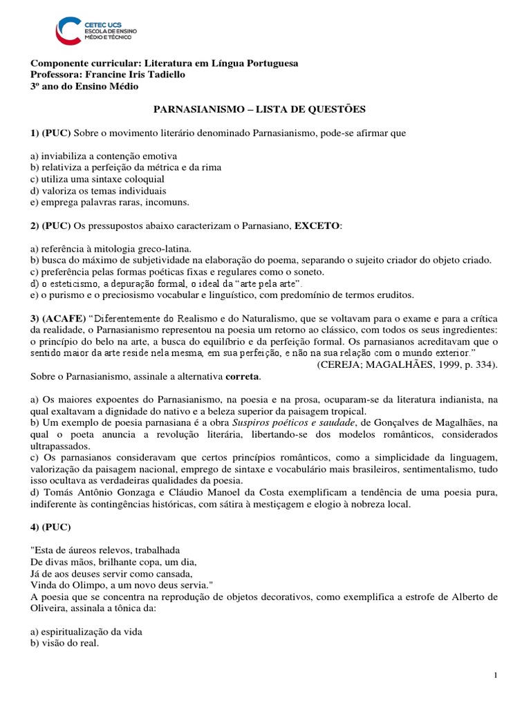 Questões sobre Parnasianismo para Ensino Médio | PDF | Poesia | Artes ...