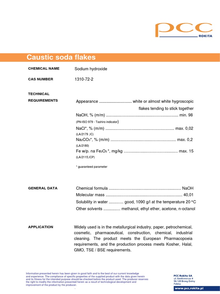 Caustic Soda Flakes Specifications | PDF | Sodium Hydroxide | Chemistry