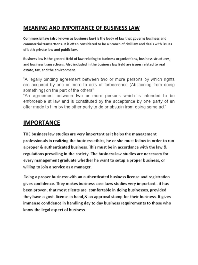 Meaning and Importance of Business Law | PDF | Guarantee | Negotiable  Instrument