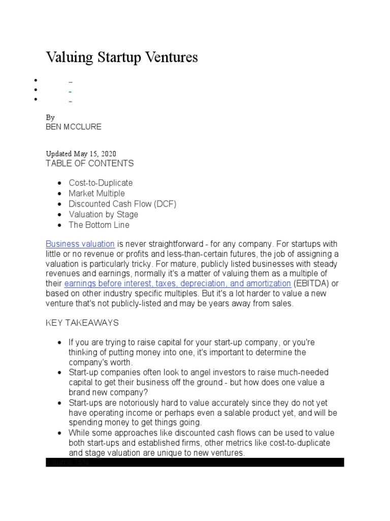 Valuing Startup Ventures | PDF | Discounted Cash Flow | Valuation (Finance)