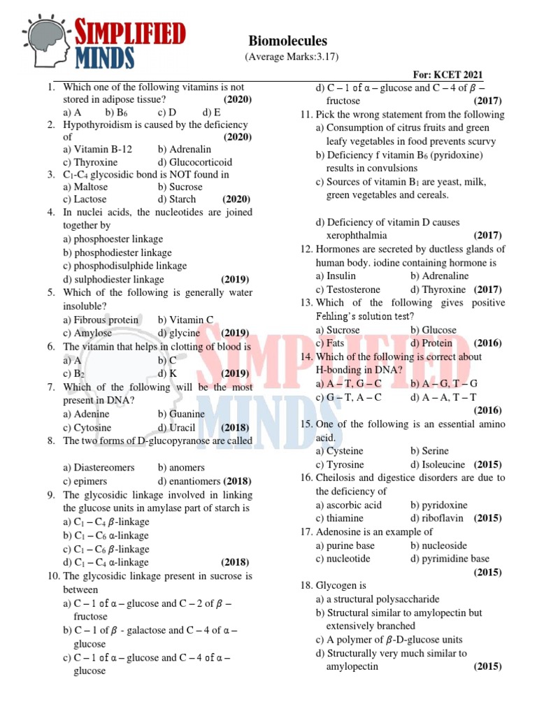 14.biomolecules KCET PYQs PDF Glucose Organic Compounds
