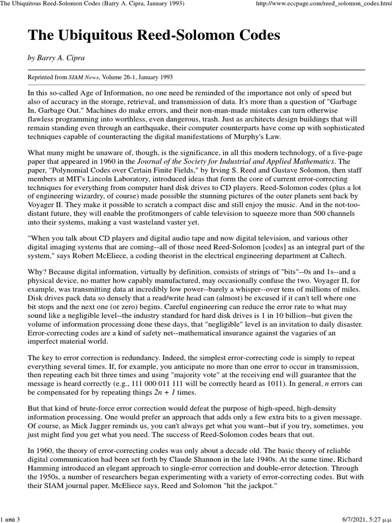 The Ubiquitous ReedSolomon Codes PDF Error Detection And