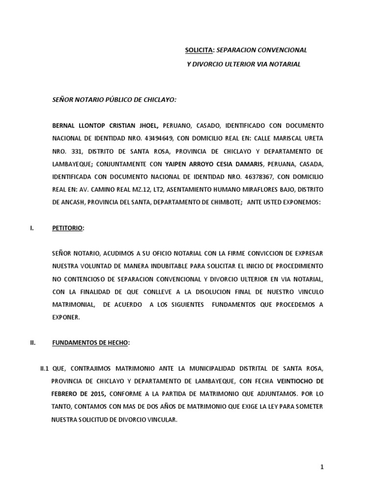 Solicitud de Divorcio Notarial en Chiclayo | PDF | Divorcio | Justicia