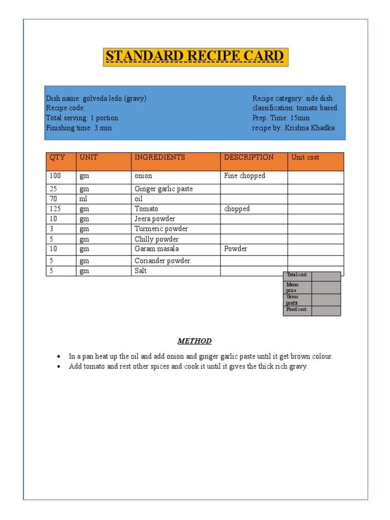 Standard Recipe Card: Method | PDF