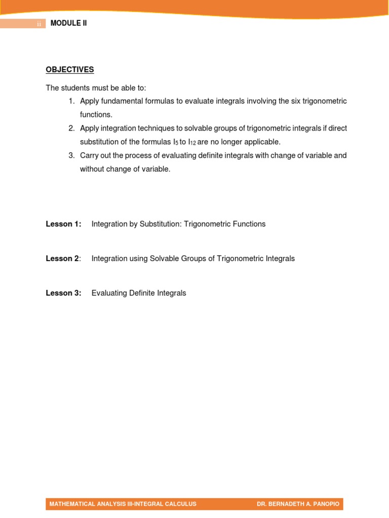 Objectives Mathematical Analysis IiiIntegral Calculus Dr. Bernadeth A. Panopio PDF