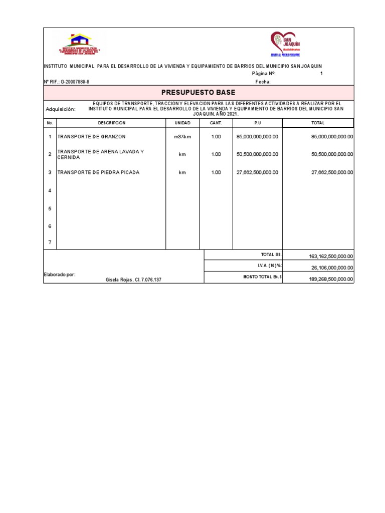 2) PRESUPUESTO Transporte | PDF
